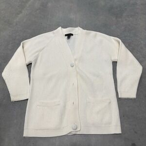 Yarnworks Ribbed Knit‎ Cardigan Womens Size Medium Ivory Pockets Sweater